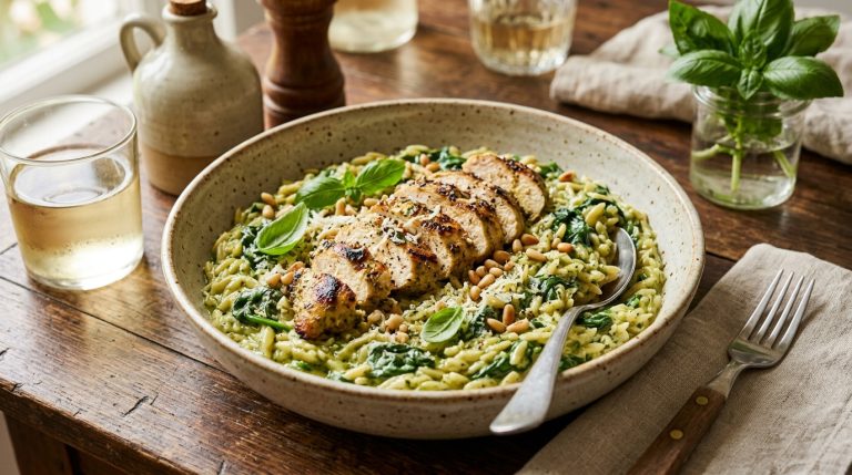 Creamy Pesto Chicken with Spinach and Orzo