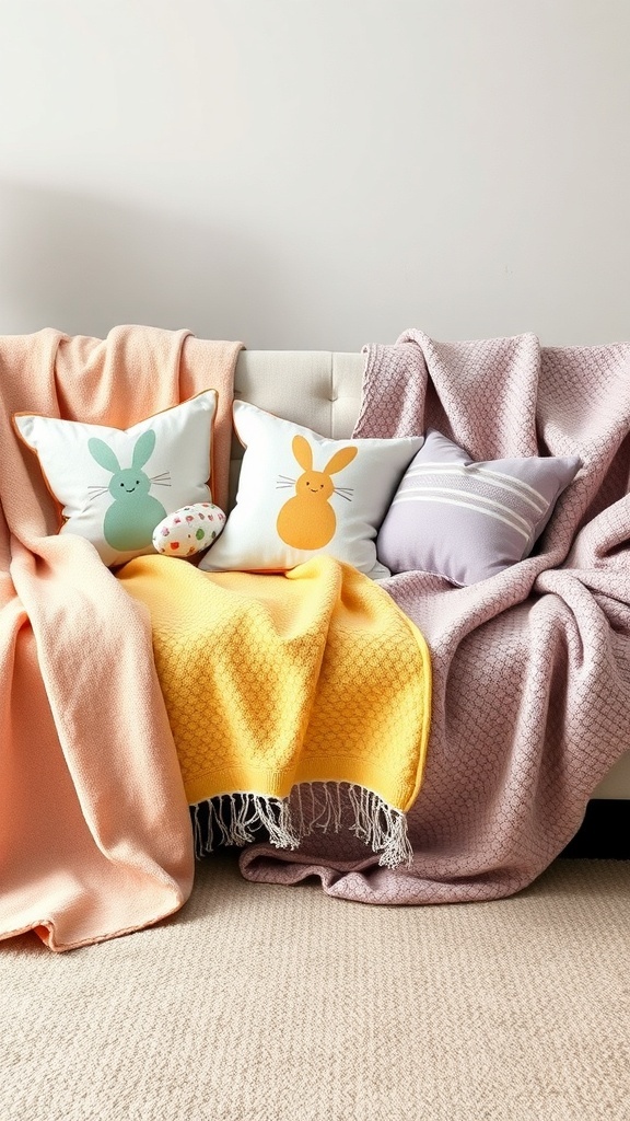 Cozy throw blankets and pillows for Easter living room decor.