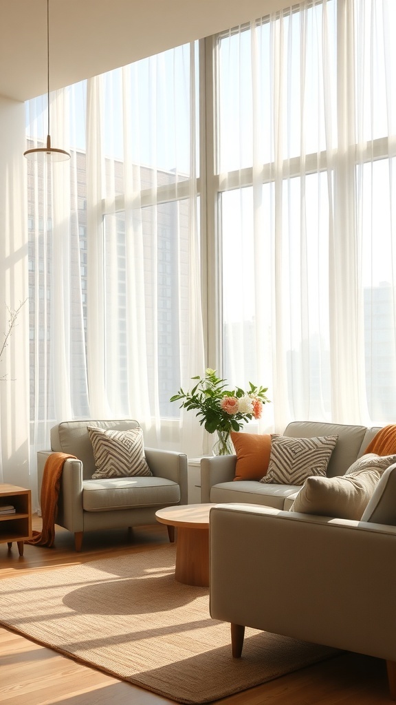 Bright living room with light sheer curtains and cozy furniture