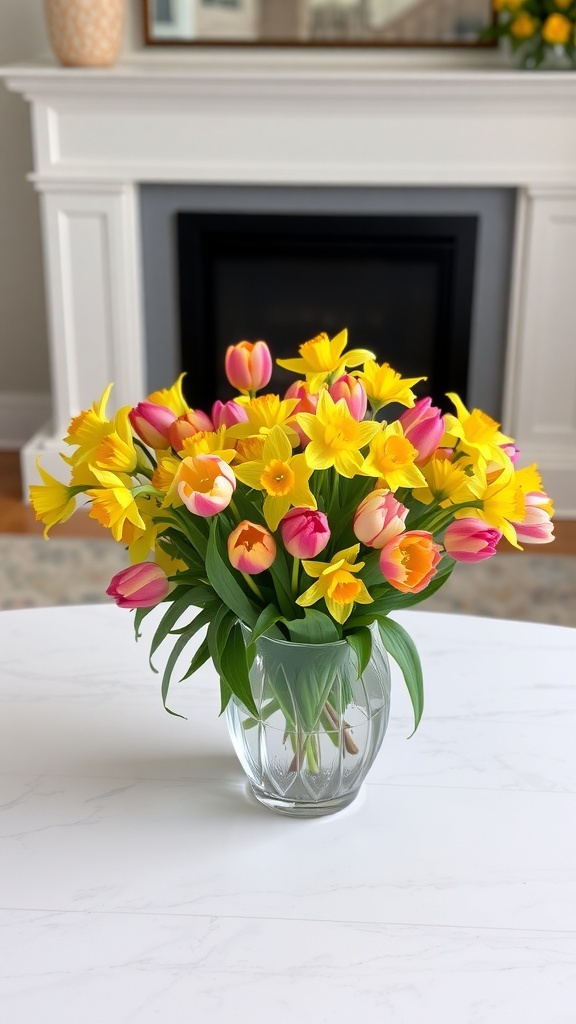 A vibrant floral arrangement featuring tulips and daffodils in a vase, set on a table in a living room.