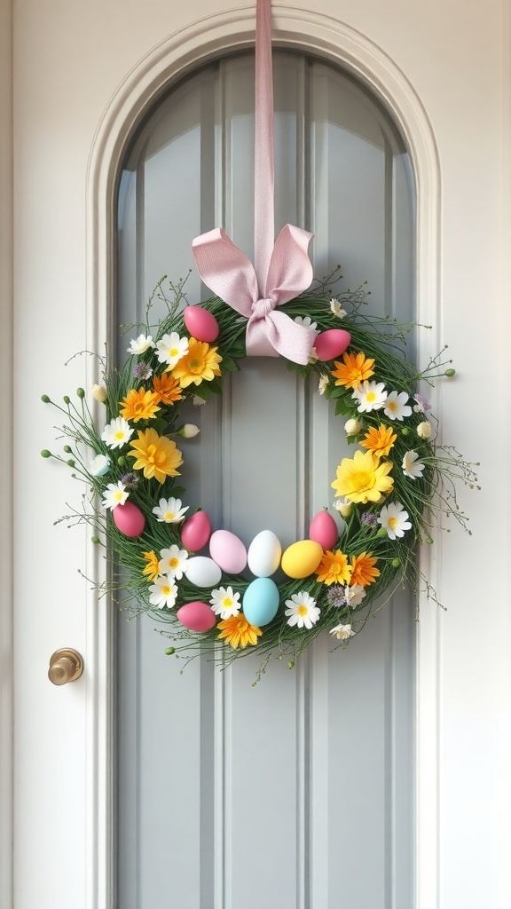 An Easter wreath with flowers and colorful eggs, hanging on a door.