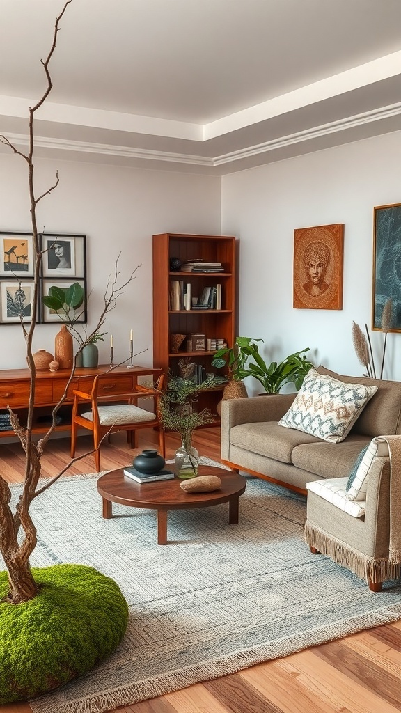 A nature-inspired living room decor for Easter featuring green moss, plants, and wooden furniture.