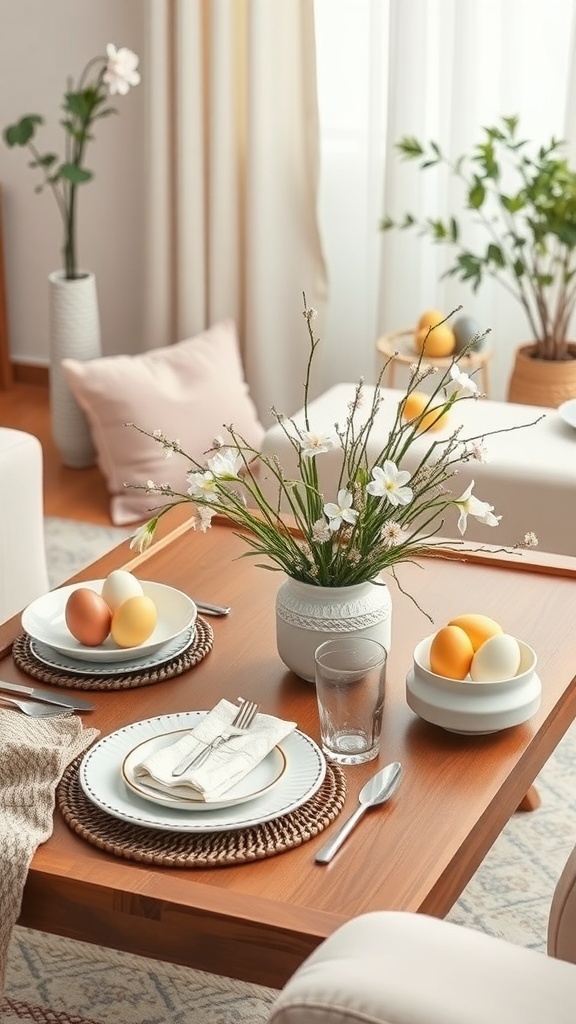 A beautifully set table for Easter featuring decorated eggs, floral arrangements, and elegant place settings.