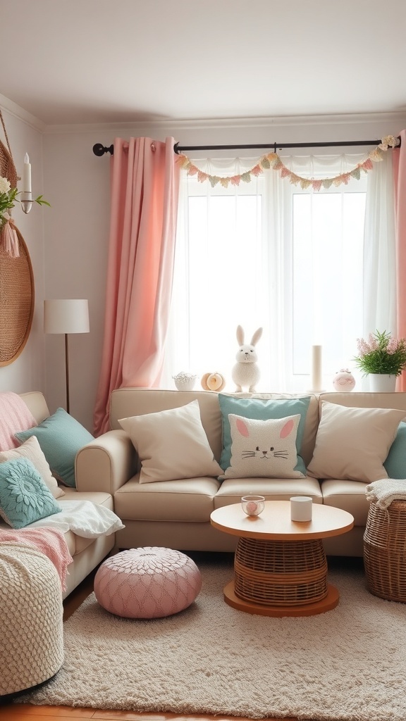 A pastel-themed living room with light pink curtains, cream sofa, and a bunny-themed pillow