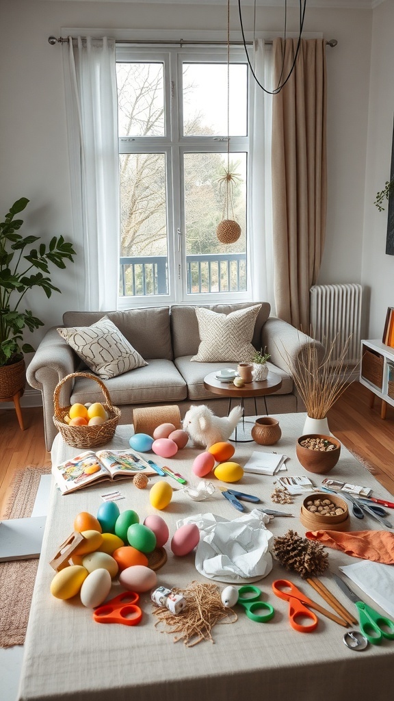A cozy living room filled with crafting supplies for DIY Easter decorations, featuring colorful eggs, scissors, and decorative items.