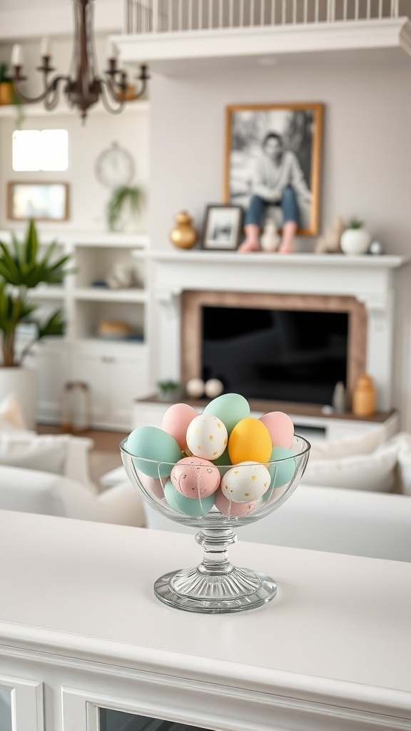 A glass bowl filled with pastel-colored Easter eggs on a white counter in a bright living room