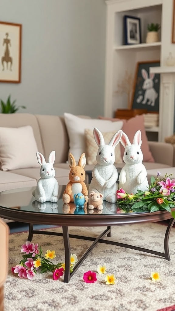 A cozy living room decorated for Easter with multiple bunny figurines and floral accents on a coffee table.